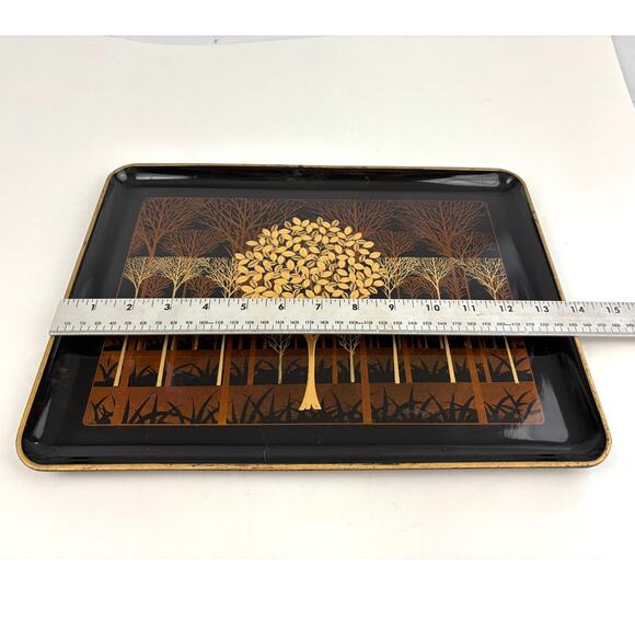 VTG Lacquerware Serving Tray Otagiri Original Japan Gold Gilt Tree Forest 14" - Picture 2 of 13